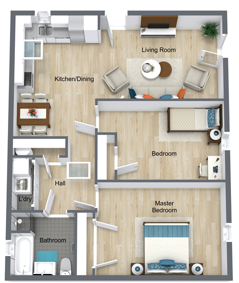 Floor plan for 2 beds, 1 bath, 1035 sqft